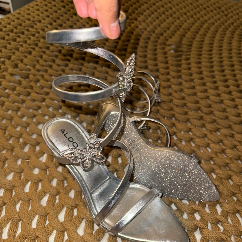 Aldo Silver Strappy Heels with Ankle Ties